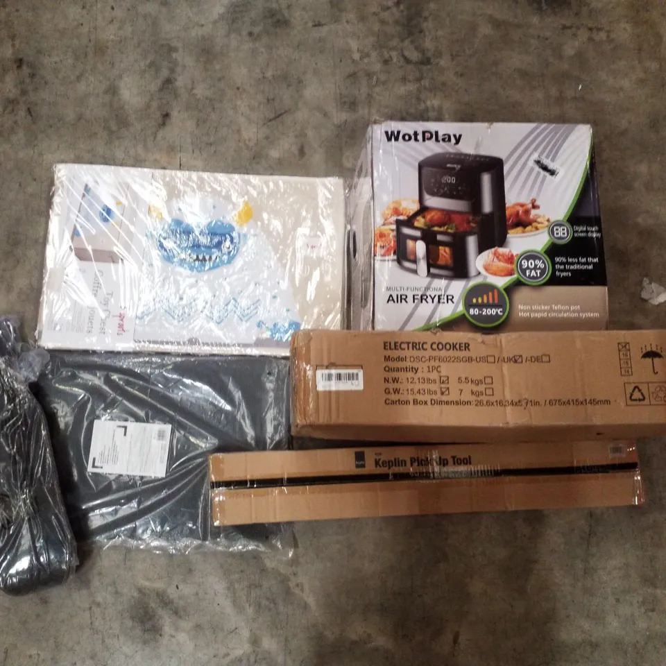 PALLET CONTAINING ASSORTED PRODUCTS INCLUDING AIR FRYER, ELECTRIC COOKER, KEPLIN PICK UP TOOL, KNEELING MAT, LIFTING BELT & TOY CHEST 