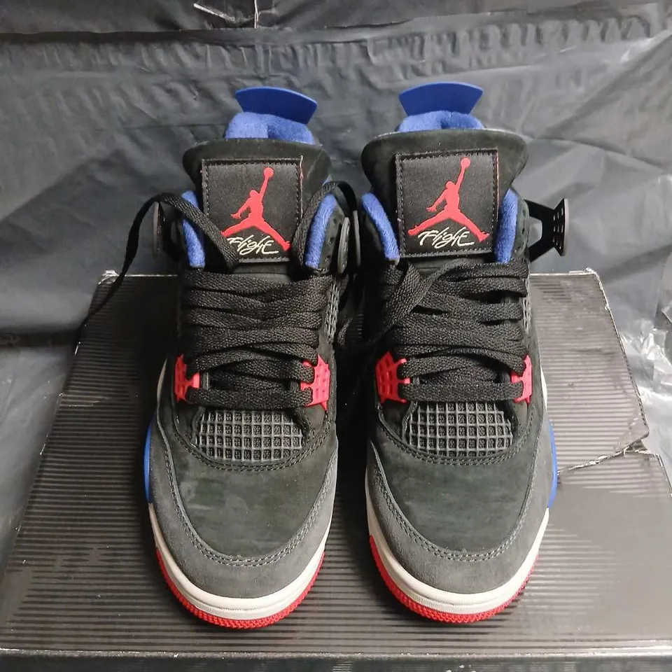 AIR JORDAN 4 RM SP SNEAKERS – BLACK SUEDE WITH BLUE LINING, RED ACCENTS, UK 6 (US 7) 