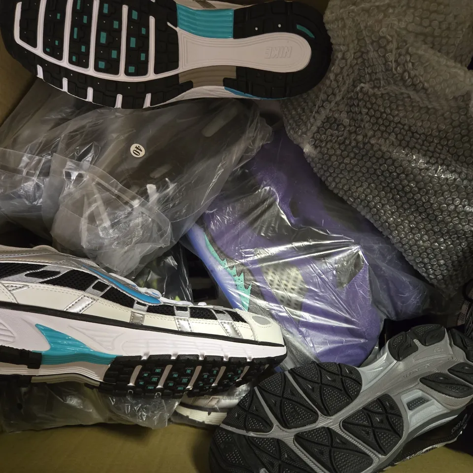 BOX OF APPROXIMATELY 10 ASSORTED PAIRS OF SHOES AND FOOTWEAR ITEMS IN VARIOUS COLOURS, STYLES, AND SIZES - COLLECTION ONLY