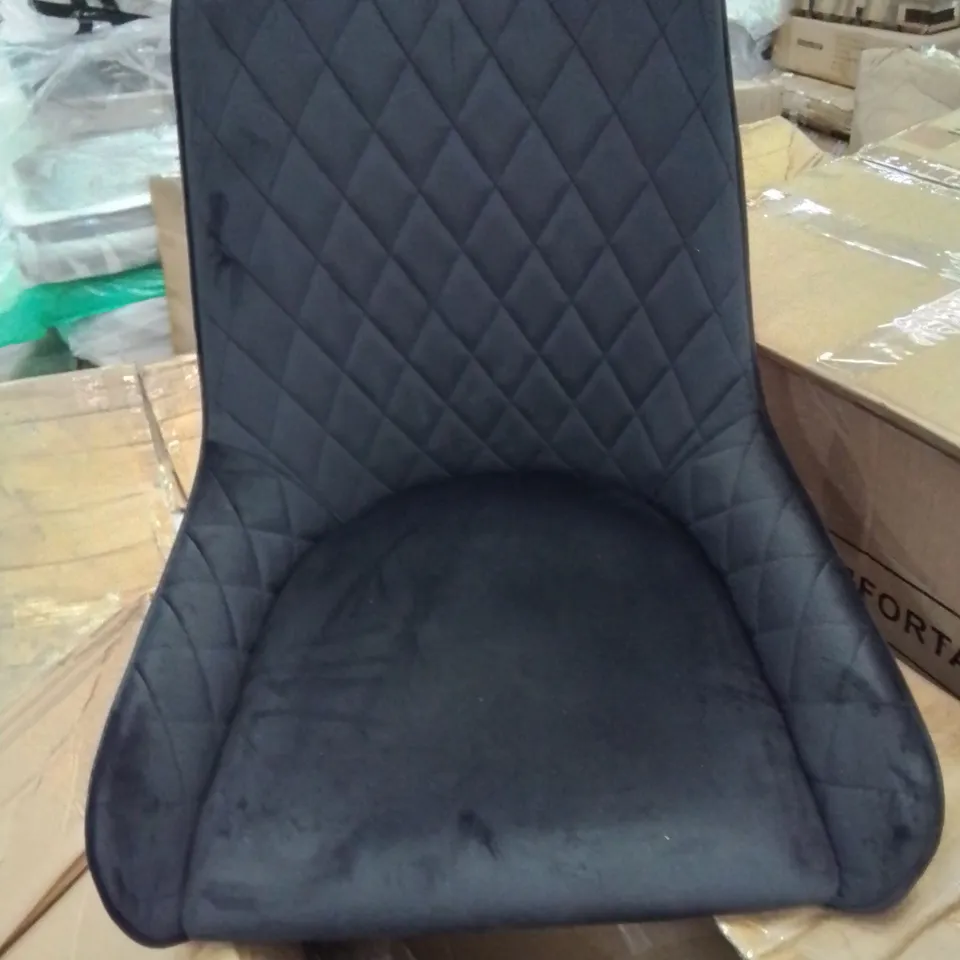 A BOXED PAIR OF BLACK CRUSHED VELVET UPHOLSTERED DINING ROOM CHAIRS