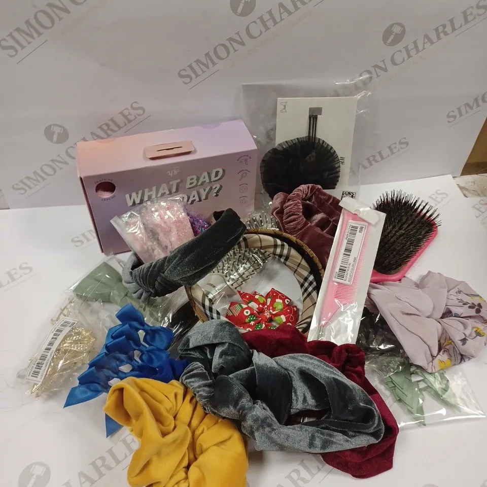 APPROXIMATELY 20 ASSORTED HAIR ACCESSORIES TO INCLUDE HAIRBANDS, CLIPS, BRUSHES, SCRUNCHIES ETC.   