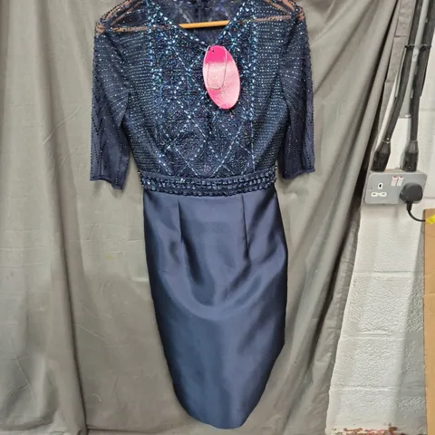 LA BELLA FIGURA NAVY BLUE BEAD-EMBELLISHED EVENING DRESS, SIZE S