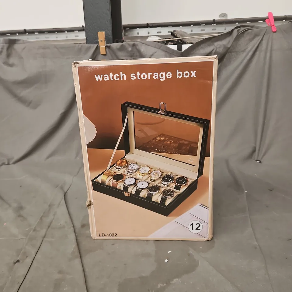 WATCH STORAGE/DISPLAY BOX, BLACK FAUX LEATHER WITH GLASS LID, 12 COMPARTMENTS – LD-1022