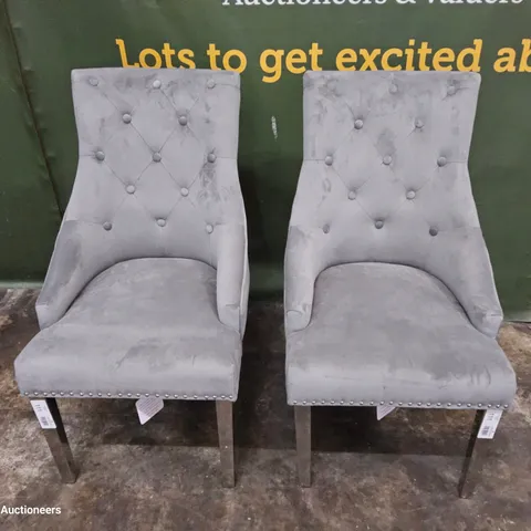 PAIR OF UPHOLSTERED GREY PLUSH FABRIC RING BACK DINING CHAIRS ON CHROME LEGS