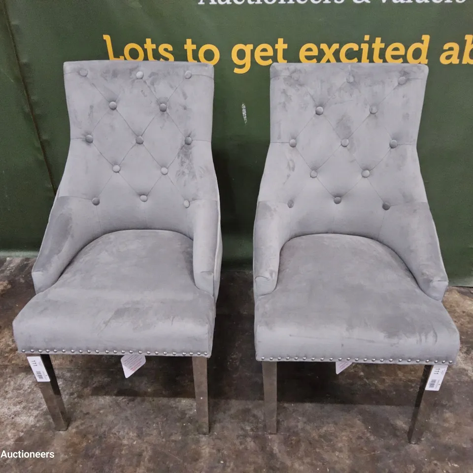 PAIR OF UPHOLSTERED GREY PLUSH FABRIC RING BACK DINING CHAIRS ON CHROME LEGS 
