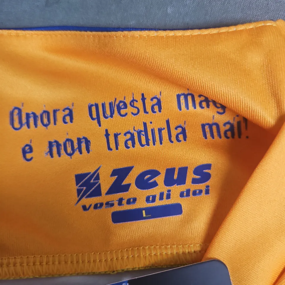 FROSINONE CALCIO FOOTBALL SHIRT – ZEUS – ORANGE/BLUE STRIPED – UK LARGE (L)