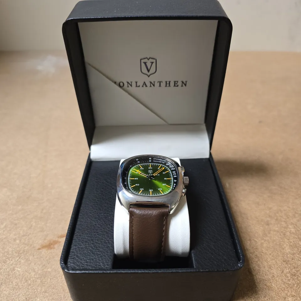 BOXED VONLANTHEN GREEN DIAL BROWN LEATHER STRAP WATCH
