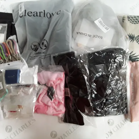 LARGE QUANTITY OF ASSORTED CLOTHING ITEMS TO INCLUDE SOCKS BAGS AND JEWLERY ECT