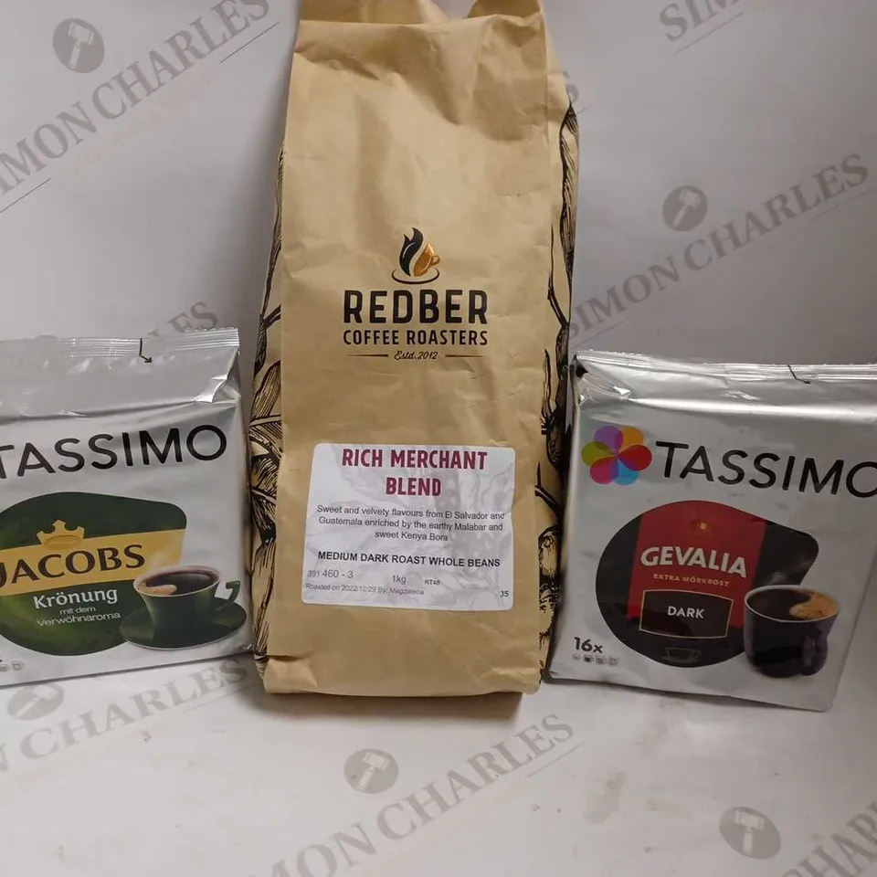 BOX OF APPROX 5 ITEMS TO INCLUDE MANNUKA HONEY, TASSIMO COFFEE PODS AND REDBER COFFEE BEANS