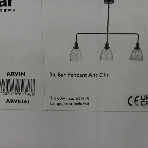 BOXED ARVIN 3 CEILING LIGHT PENDANT ANTIQUE CHROME & GLASS