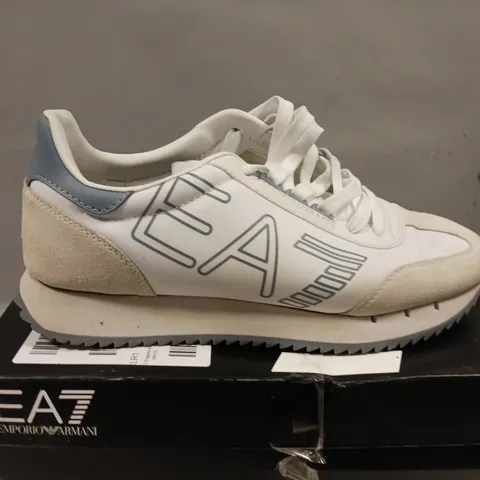 BOXED EA7 BLACK & WHITE VINTAGE TRAINERS - SIZE 8