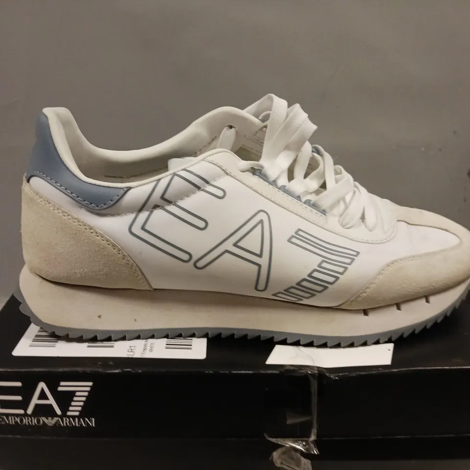 BOXED EA7 BLACK & WHITE VINTAGE TRAINERS - SIZE 8