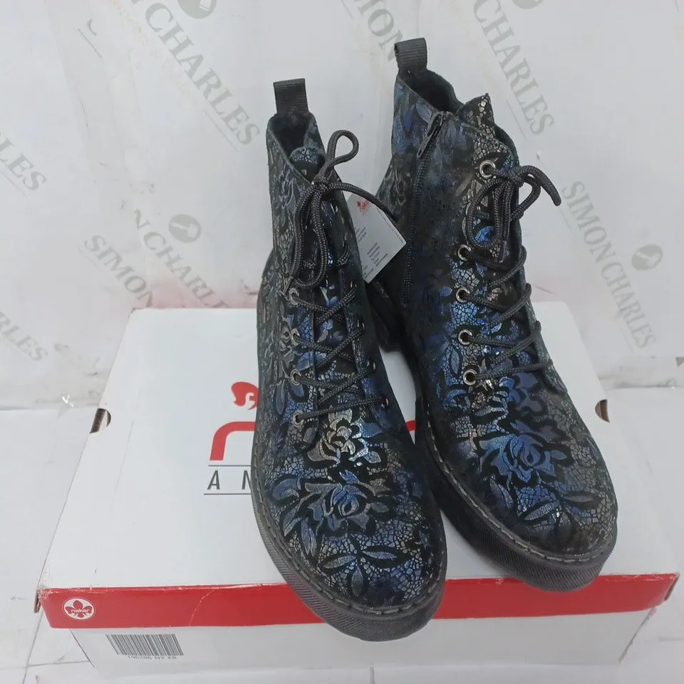 BOXED PAIR OF RIEKER LACE UP BOOTS IN NAVY SIZE 8 