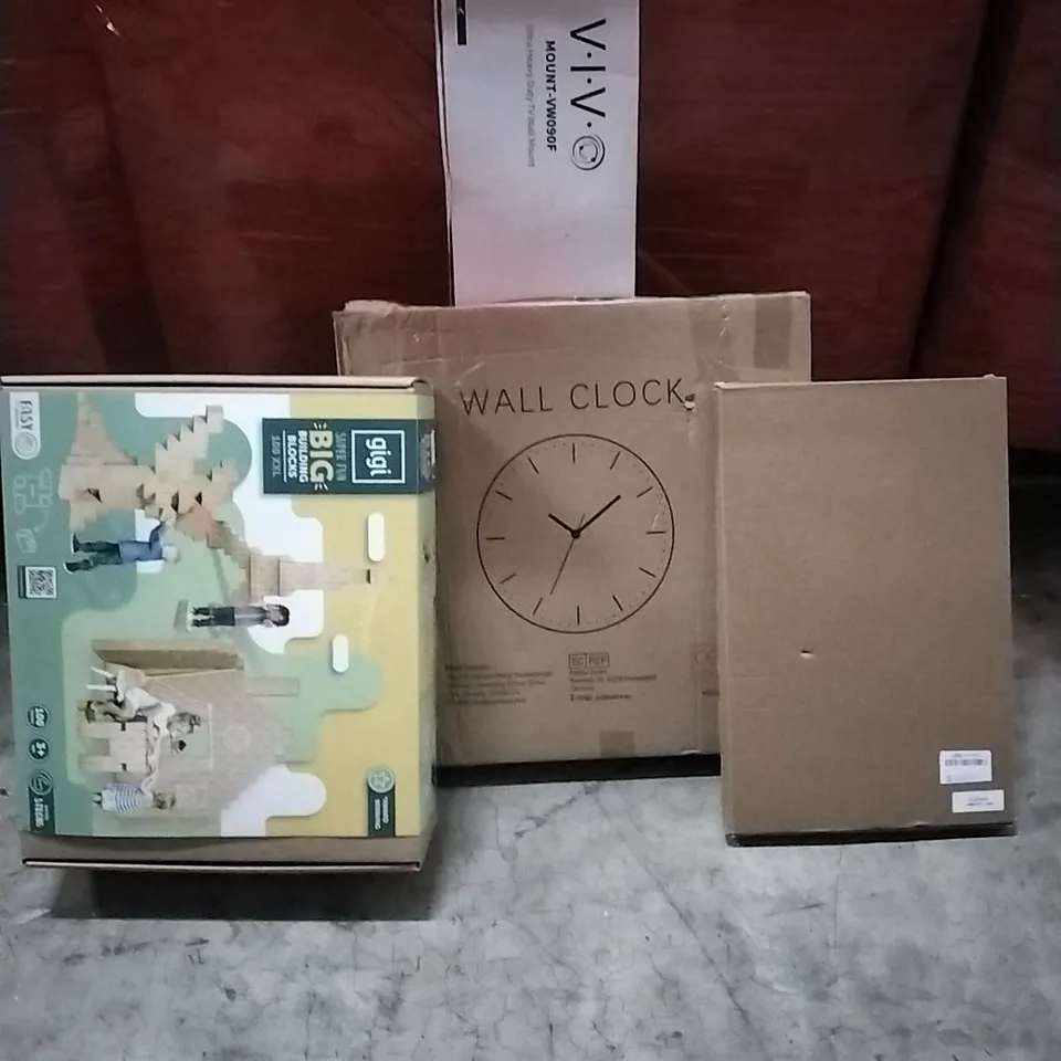 PALLET OF HOUSEHOLD ITEMS TO INCLUDE GIGI BUILDING BLOCKS, WALL CLOCK,  ANTI BLUE LIGHT SCREEN PROTECTOR, TV WALL MOUNT AND OTHER ASSORTED ITEMS...