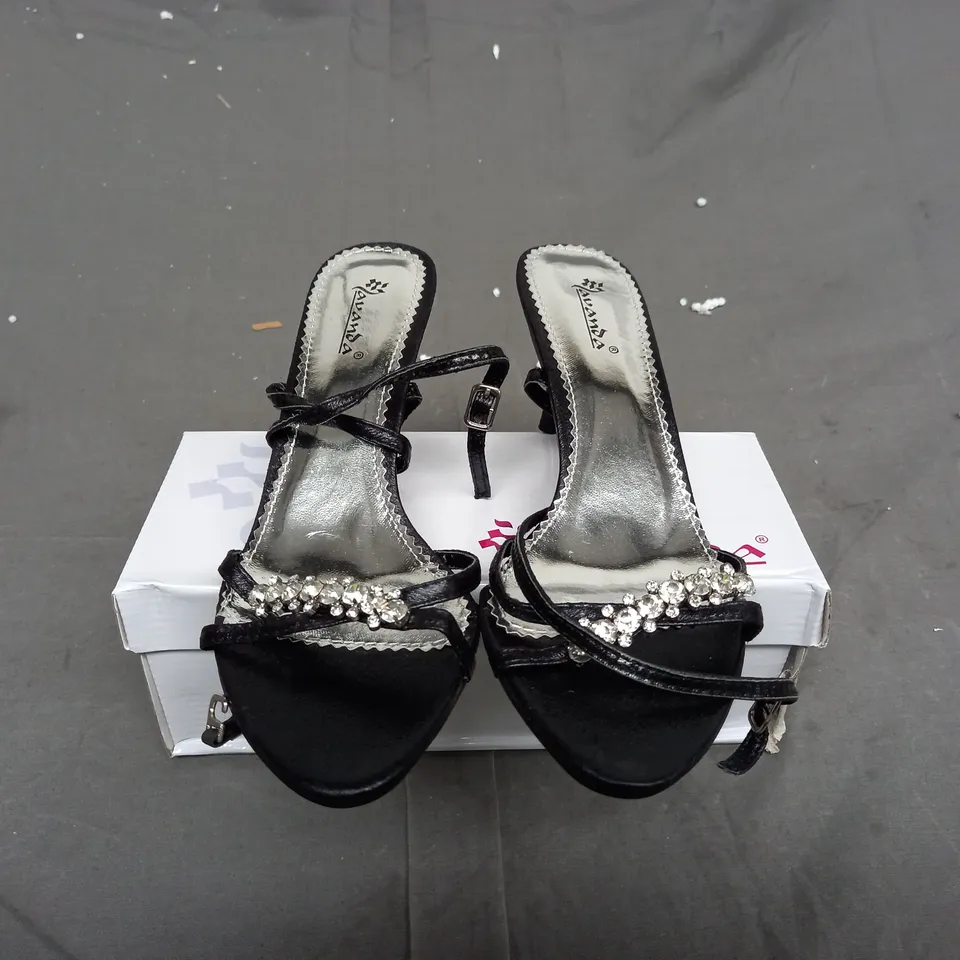 BOX OF APPROXIMATELY 23 BOXED SMALL HEEL DIAMANTE OPEN TOE SHOE IN VARIOUS SIZES