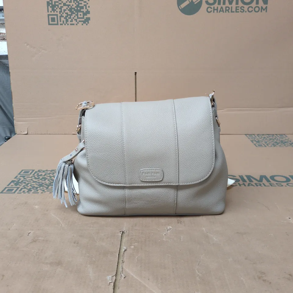 POM POM LONDON GREY PEBBLED LEATHER SHOULDER BAG WITH TASSEL