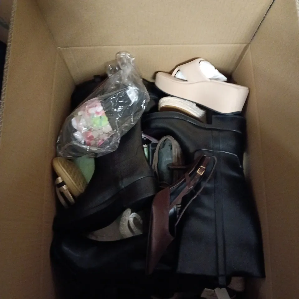 BOX OF APPROXIMATELY 12 PAIRS OF ASSORTED SHOES IN VARIOUS COLOUR, STYLES AND SIZES