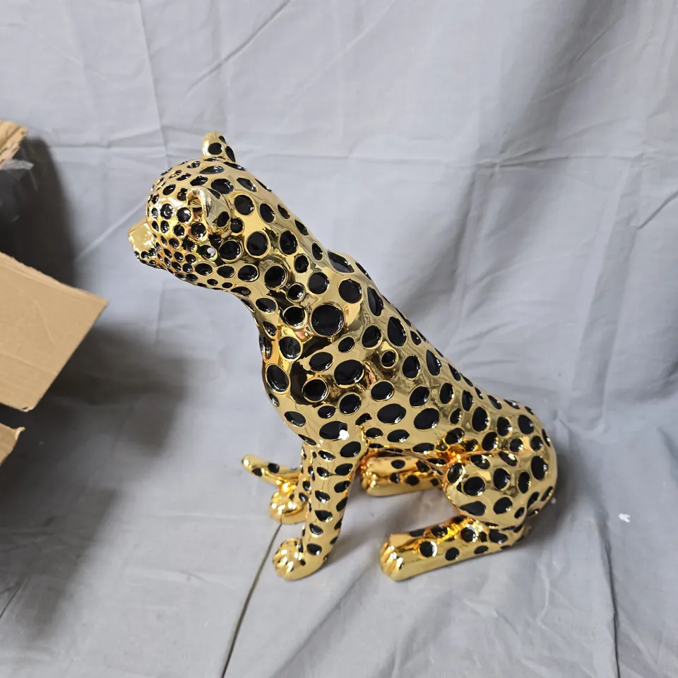 GOLD-TONE LEOPARD FIGURINE WITH BLACK SPOTS – DECORATIVE ORNAMENT 