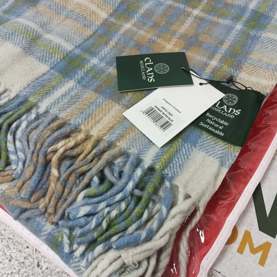 CLANS OF SCOTLAND TARTAN THROW IN STEWART MUTED BLUE