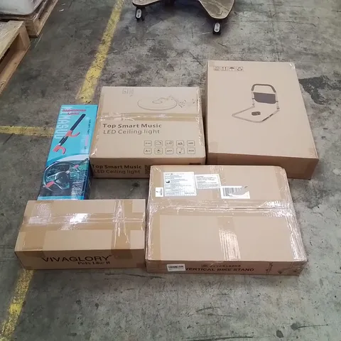 PALLET CONTAINING ASSORTED ITEMS INCLUDING: SMART MUSIC LED CEILING LIGHT, VERTICAL BIKE STAND, PET LIFE JACKET, BED RAIL, STEERING WHEEL LOCK ECT
