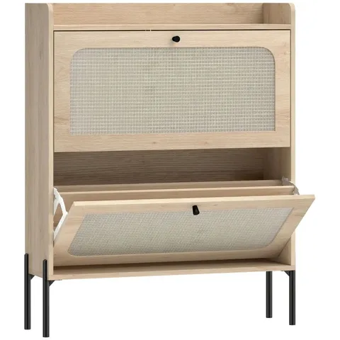 BOXED HOMCOM SHOE CABINET WITH 2 FLIP DRAWERS, BOHO NARROW SHOE STORAGE CABINET, OAK (1 BOX)