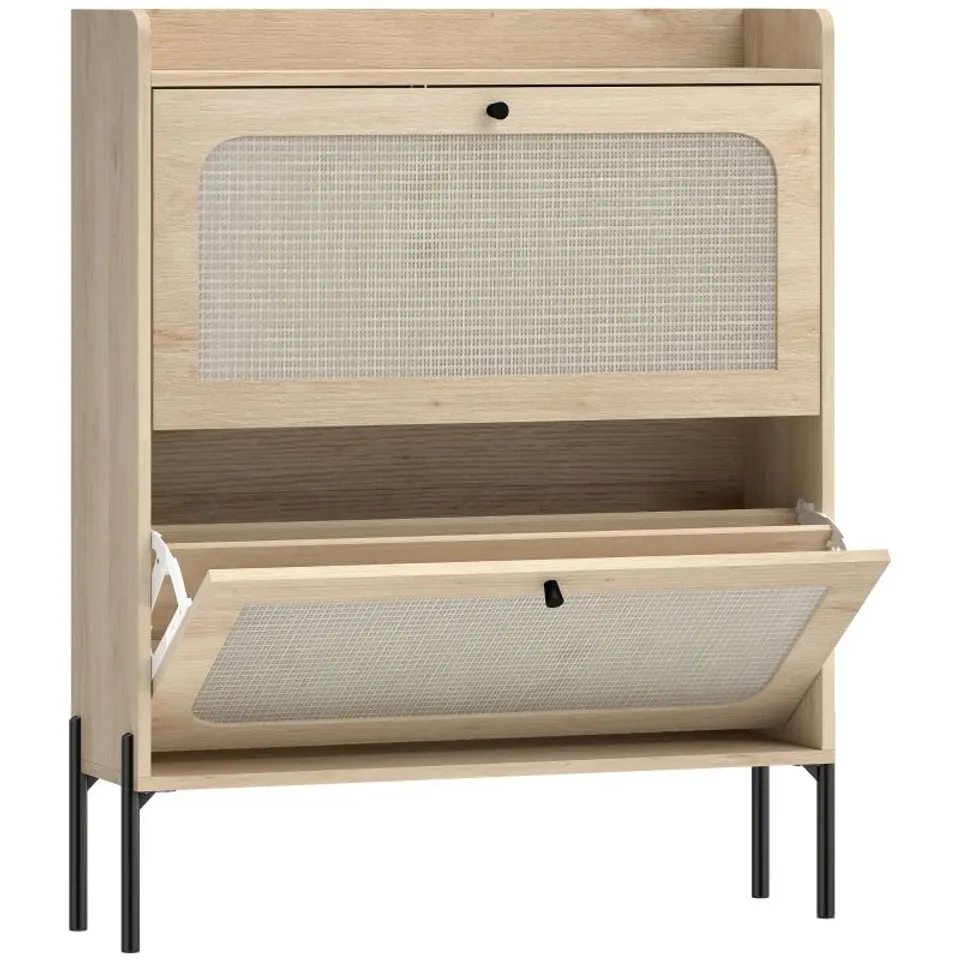 BOXED HOMCOM SHOE CABINET WITH 2 FLIP DRAWERS, BOHO NARROW SHOE STORAGE CABINET, OAK (1 BOX)