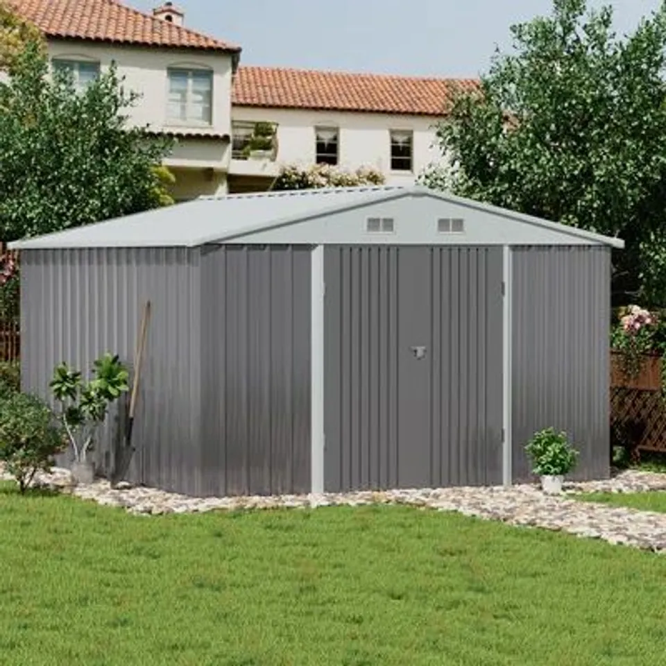 BOXED 10FT W × 8FT D APEX METAL GARDEN SHED (4 BOXES)