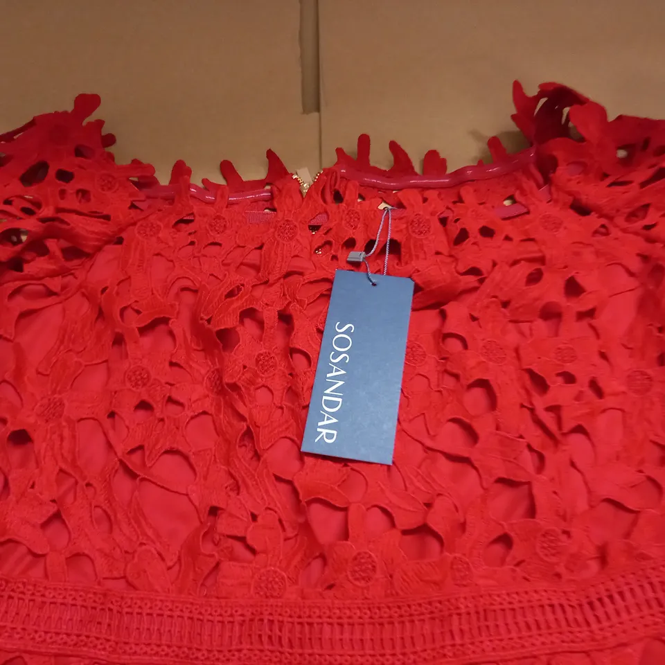 SOSANDAR RED BARDOT GUIPURE LACE DRESS - 14