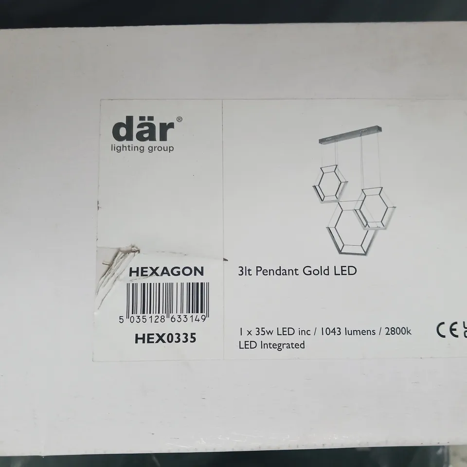 BRAND NEW BOXED DAR LIGHTING HEXAGON 3 LIGHT GOLD LED PENDANT LIGHT	