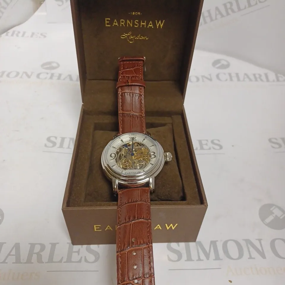 BOXED EARNSHAW LONDON BROWN GENUINE LEATHER WATCH