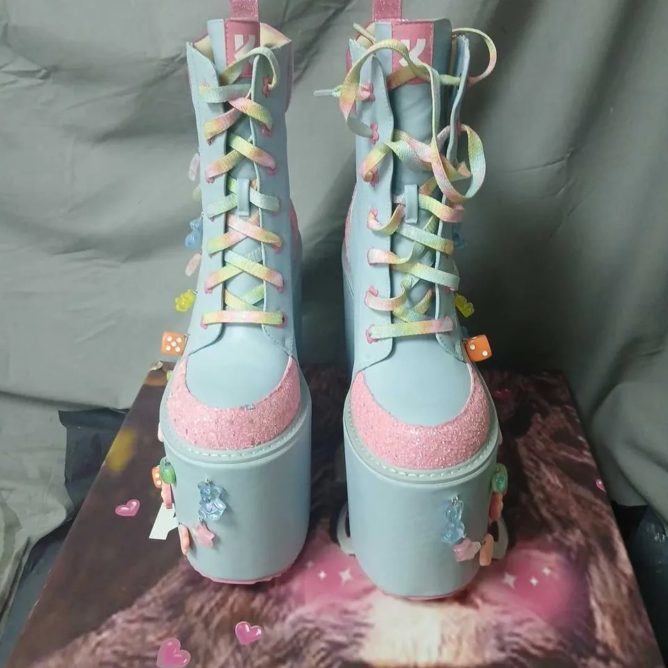 KOI KIDS PLATFORM BOOTS – BLUE WITH PINK GLITTER, LACES & CHARMS, UK 6 (US 7)