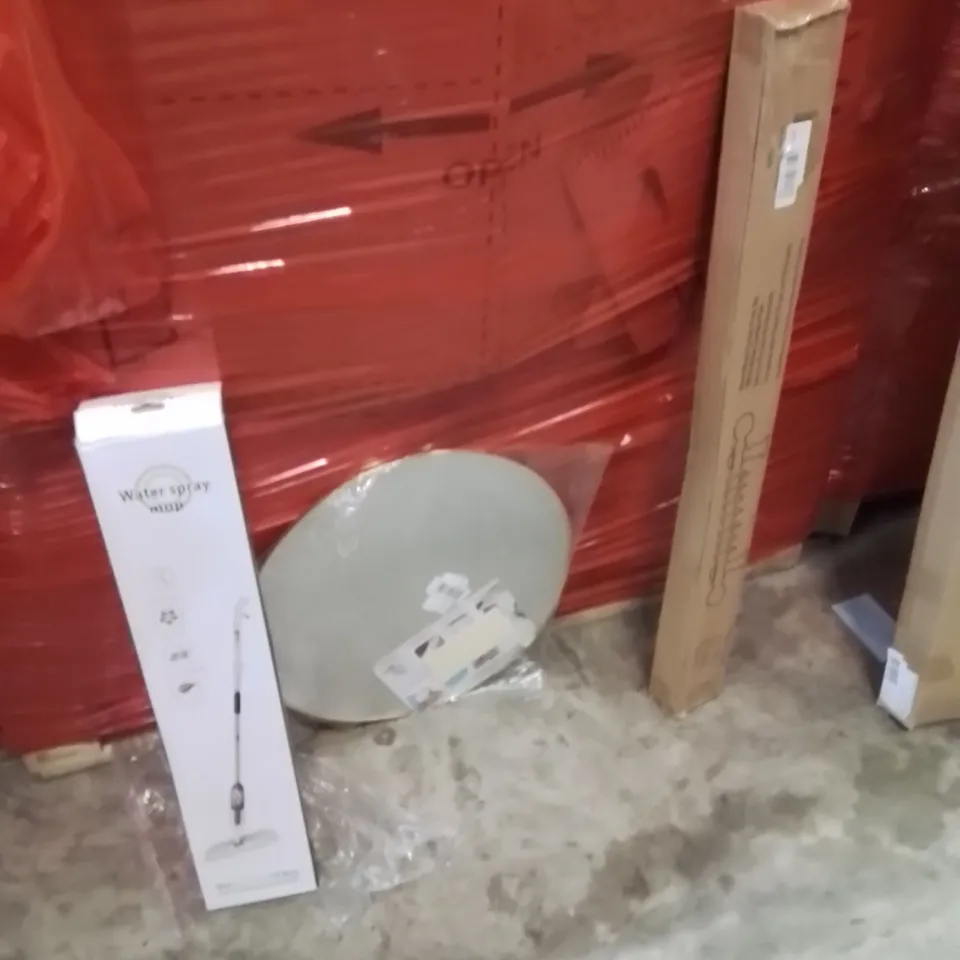 PALLET OF ASSORTED HOUSEHOLD GOODS AND PRODUCTS TO INCLUDE;WATER SPRAY MOP,CLOTHES RACK,BAKING TRAY 