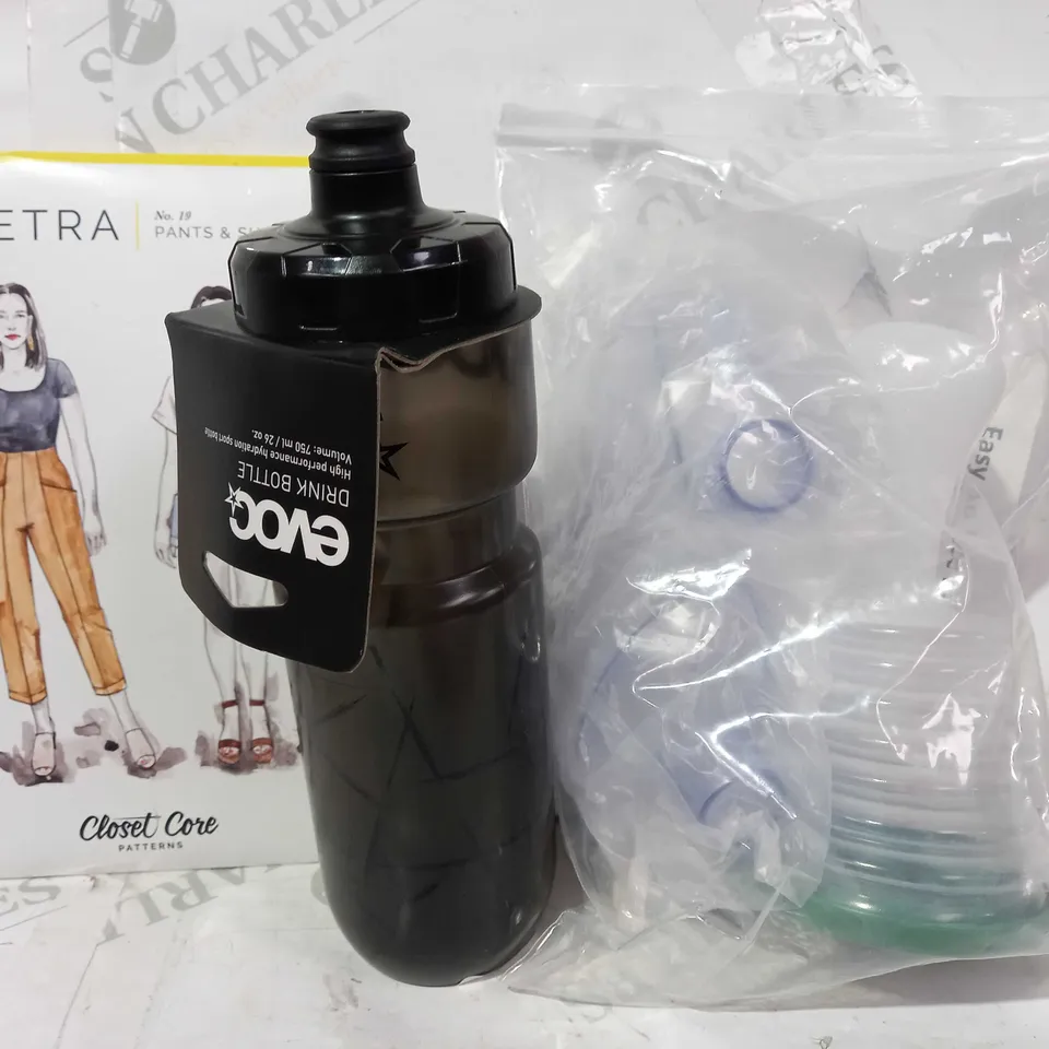 box of approximately 10 assorted household items to include CHOKING RESCUE DEVICE, PIETRA PANTS & SHORTS, EVOC DRINK BOTTLE IN BLACK, ETC