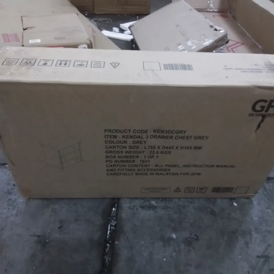 BOXED GFW KENDAL 3 DRAWER CHEST OF DRAWERS IN GREY (1 BOX)