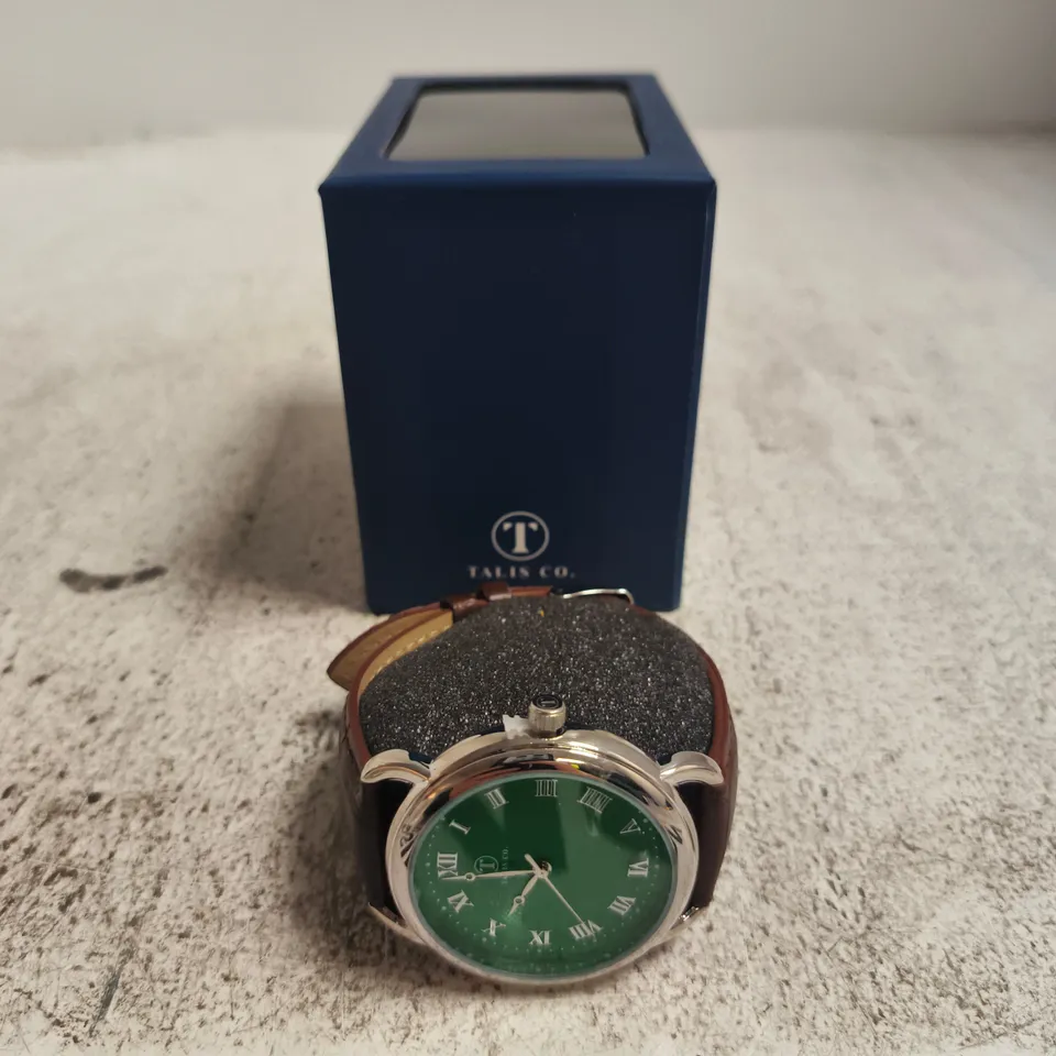 TALIS CO. WRISTWATCH – GREEN DIAL, BROWN LEATHER STRAP, BOXED