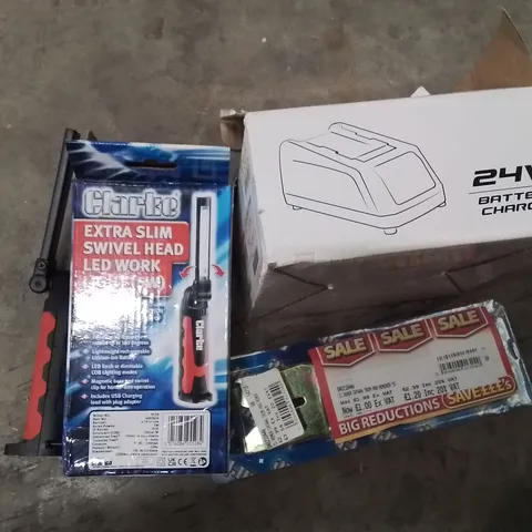 BOX OF ASSORTED ITEMS TO INCLUDE;TRIM PAD REMOVER,CLARKE SLIM SWIVEL HEAD LED LIGHT,BATTERY CHARGER