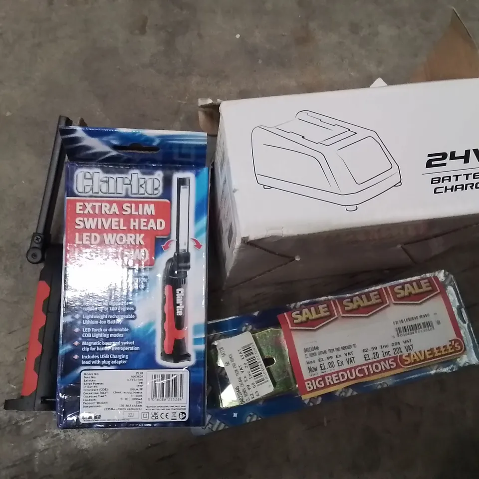 BOX OF ASSORTED ITEMS TO INCLUDE;TRIM PAD REMOVER,CLARKE SLIM SWIVEL HEAD LED LIGHT,BATTERY CHARGER