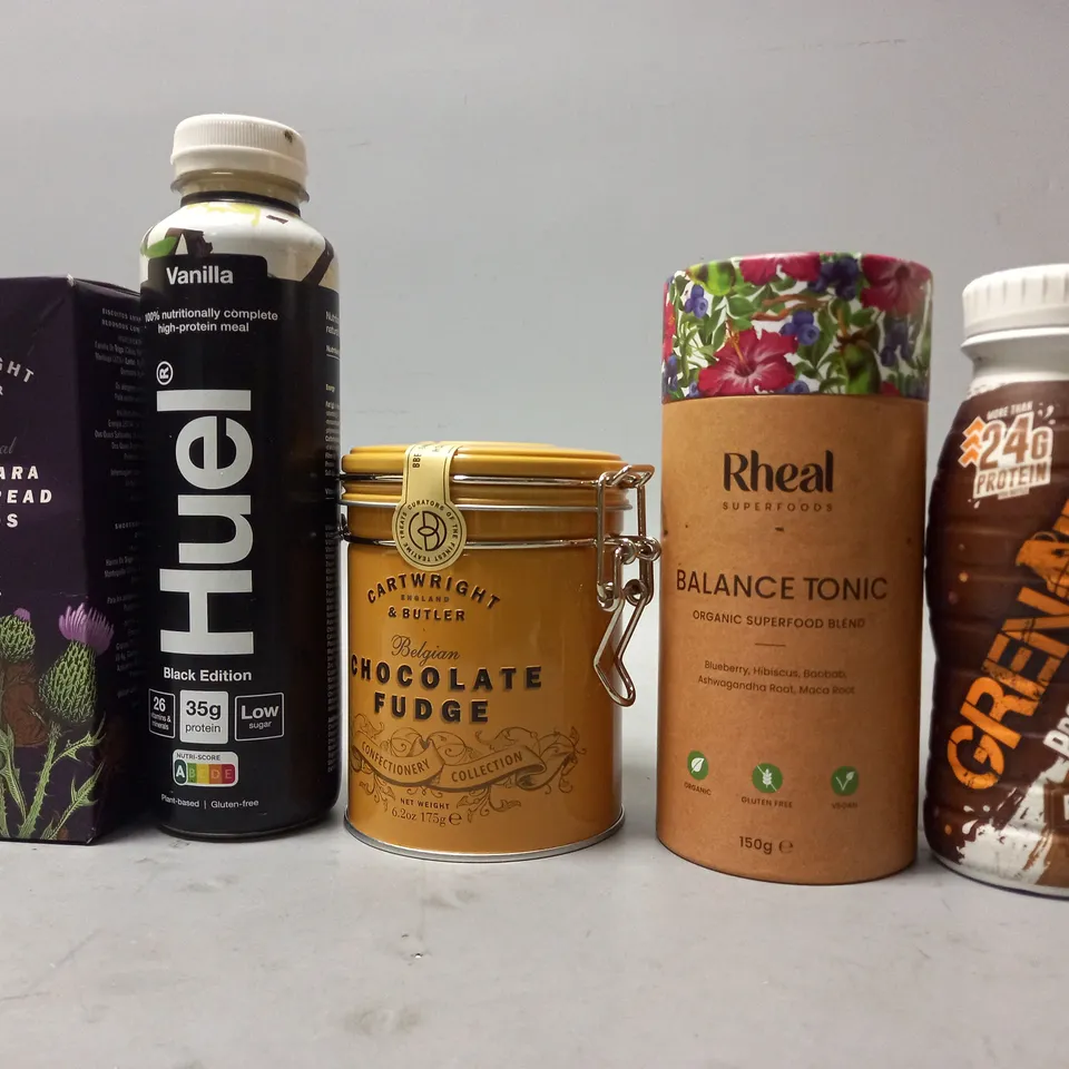 TOTE OF APPROX 10 ASSORTED FOOD ITEMS TO INCLUDE - HUEL VANILLA , RHEAL BALANCE TONIC , GRENADE PROTEIN SHAKE ETC
