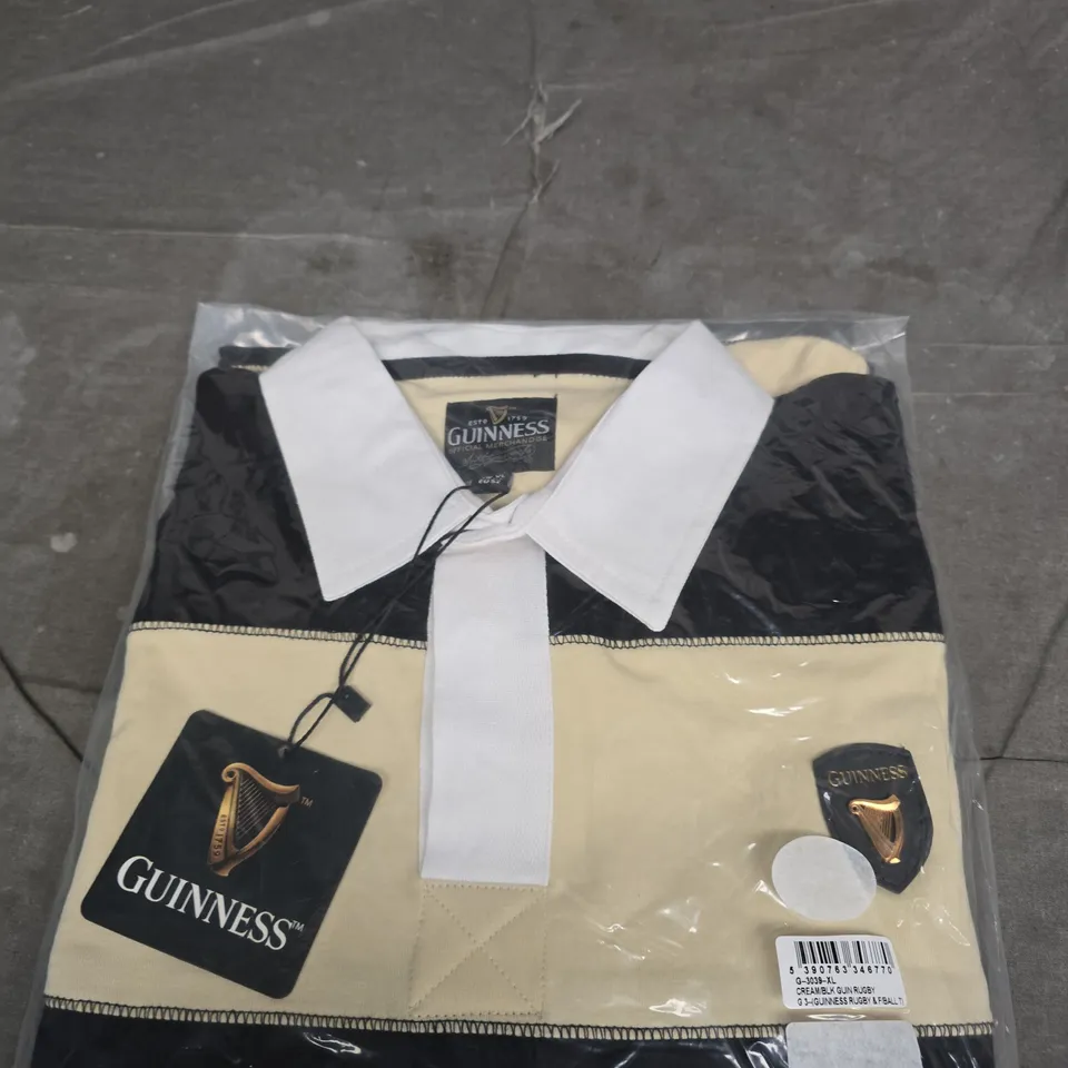 GUINNESS RUGBY SHIRT – BLACK & CREAM WITH WHITE COLLAR SIZE XL