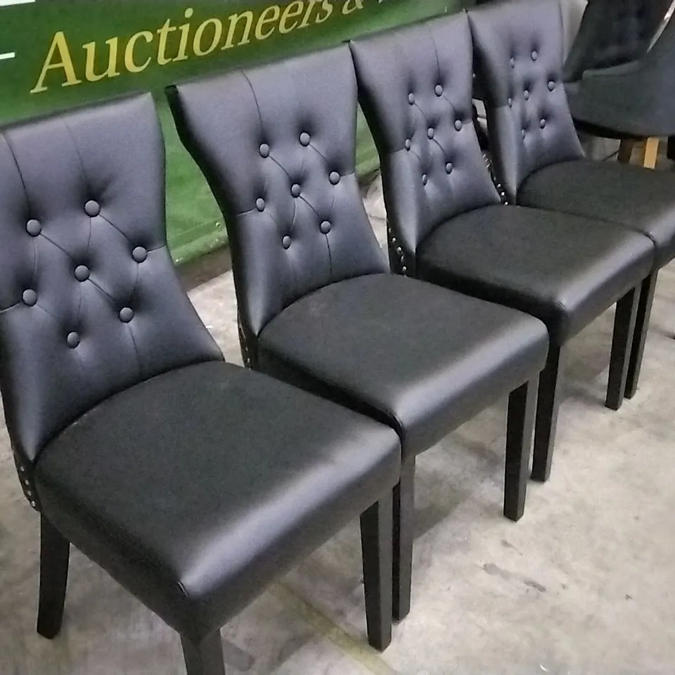 SET OF 4 BLACK LEATHER BUTTONBACK STUDDED DINING CHAIRS WITH KNOCKER BACKS AND BLACK WOODEN LEGS