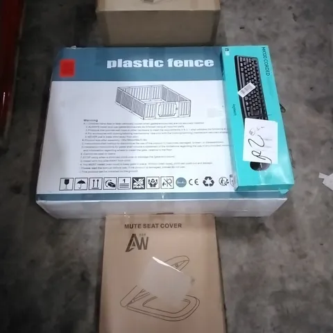 PALLET OF HOUSEHOLD ITEMS TO INCLUDE MUTE SEAT COVER, PLASTIC FENCE, KEYBOARD, STEAM CLEANER AND OTHER ASSORTED ITEMS...