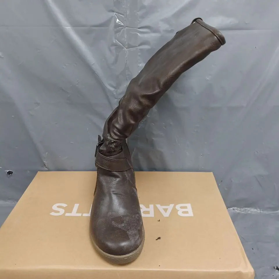 8 BOXED BARRATTS STRAP AND ROUCHE WEDGE HIGH LEG VIXEN BOOTS - SIZE 5