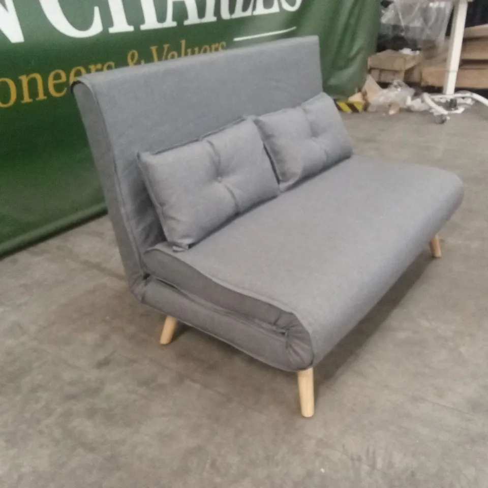 DESIGNER 2 SEATER GREY FABRIC UPHOLSTERED SOFA BED