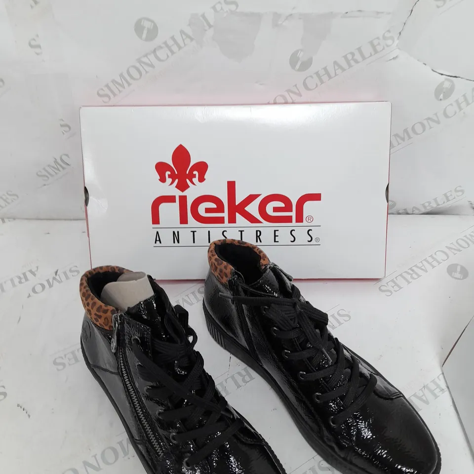BOXED PAIR OF RIEKER HIGH TOP CUFFED TRAINERS IN BLACK - SIZE 7.5