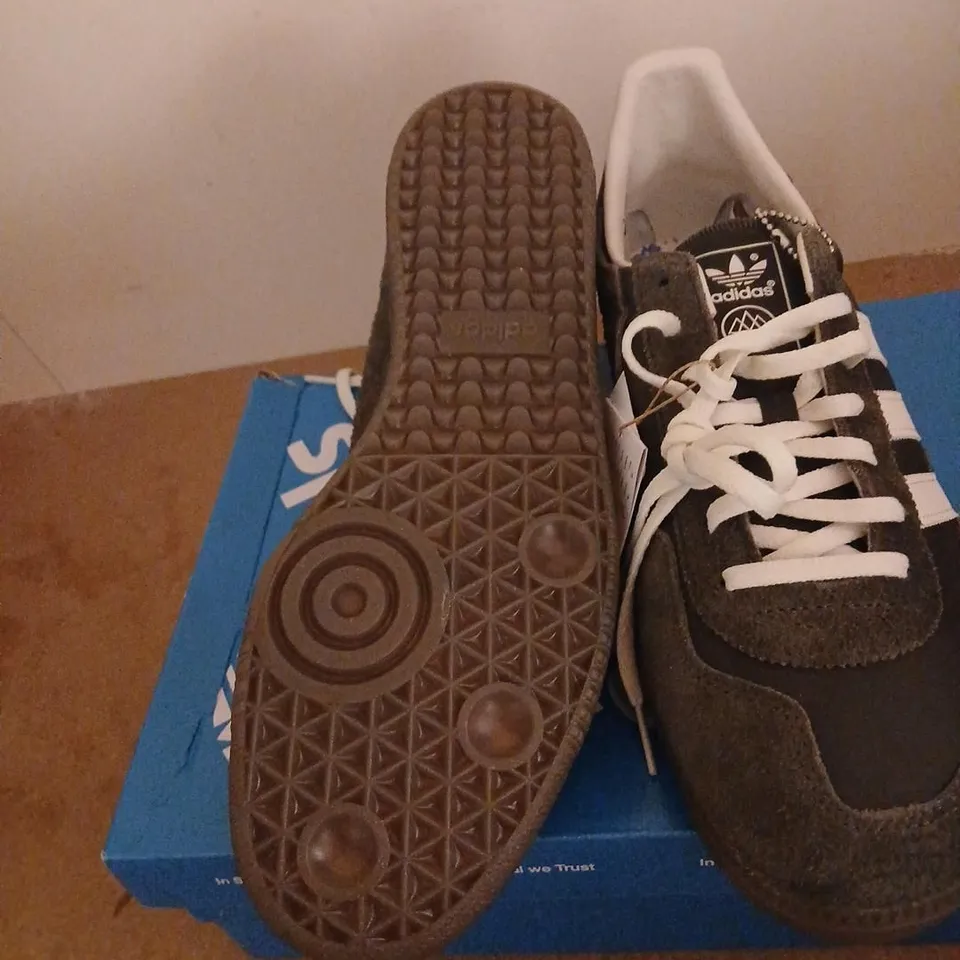 ADIDAS WENSLEY SPZL SNEAKERS – UK 10 (US 10.5), BROWN SUEDE WITH WHITE STRIPES