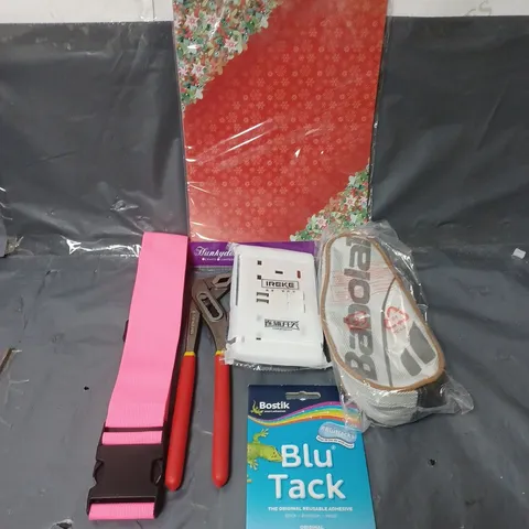 BOX OF APPROXIMATELY 20 ASSORTED HOUSEHOLD ITEMS TO INCLUDE PLIERS, PLUG SOCKET AND CRAFT PAPER