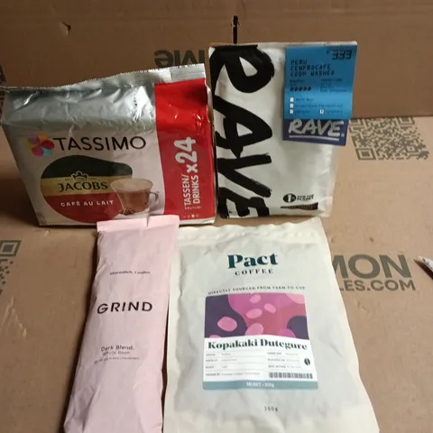 APPROXIMATELY 10 PACKS OF ASSORTED COFFEE TO INCLUDE PACT, TASSIMO AND GRIND