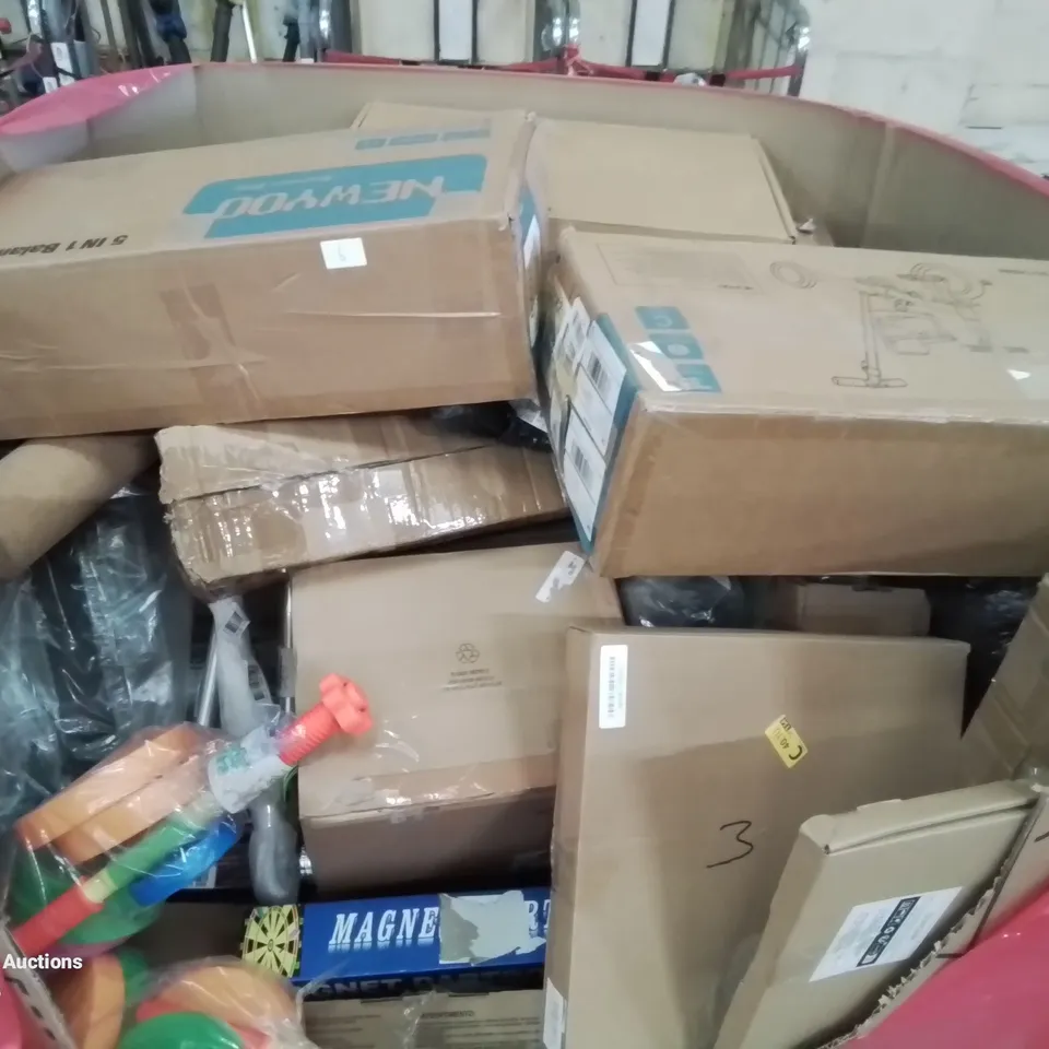 PALLET CONTAINING VARIOUS ASSORTED BOXED HOUSEHOLD ITEMS TO INCLUDE: KIDS MAGNETIC DART BOARDS, TRICYCLE,  YOGA MAT AND LOTS MORE UNMARKED BOXED ITEMS 