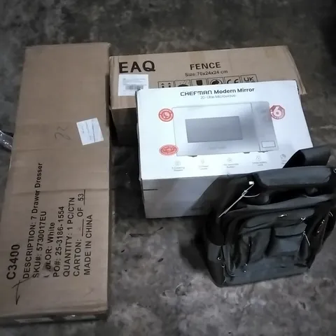 PALLET OF HOUSEHOLD ITEMS TO INCLUDE 7 DRAWER DRESSER,  RUCKSACK, CHEFMAN MICROWAVE, FENCE AND OTHER ASSORTED ITEMS...