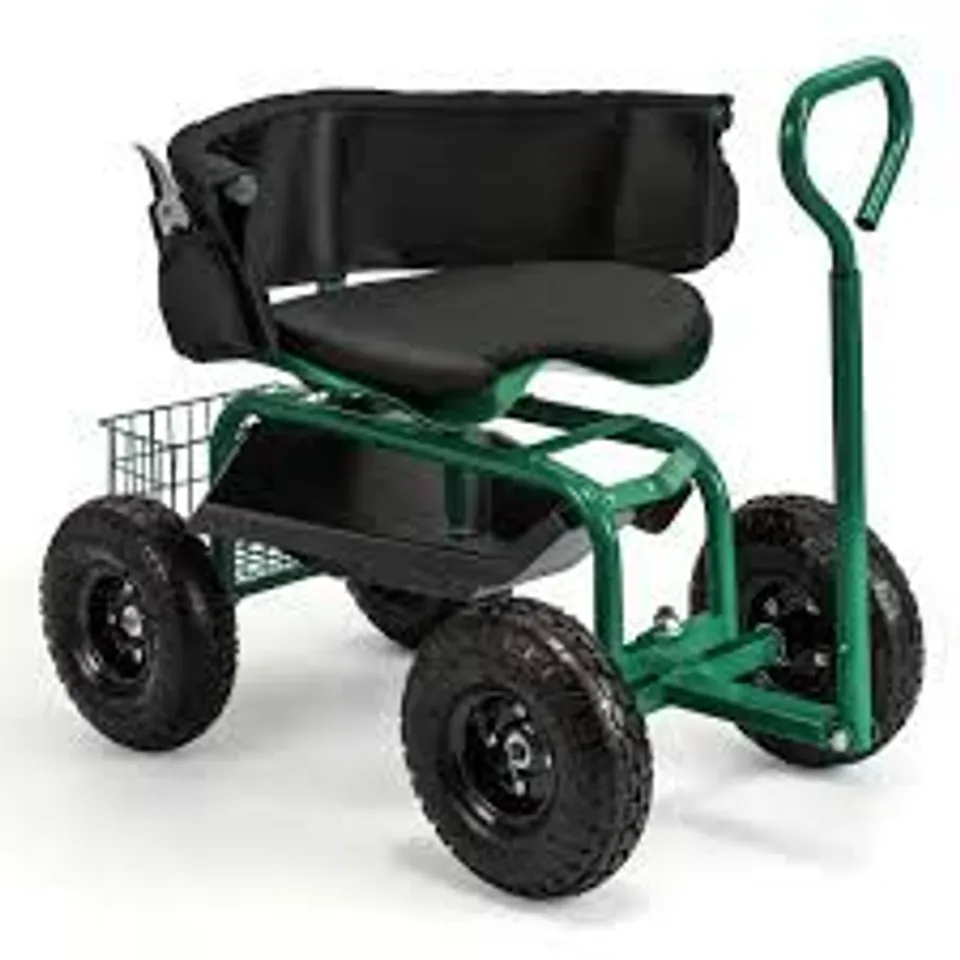 ROLLING GARDEN CART WITH HEIGHT ADJUSTABLE SWIVEL SEAT AND STORAGE BASKET